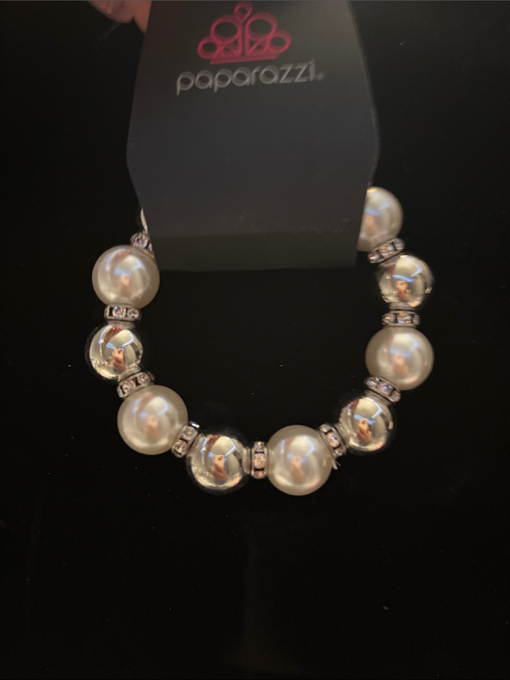 Paparazzi Silver and White Pearl Stretch Bracelet with Rhinestone Accents